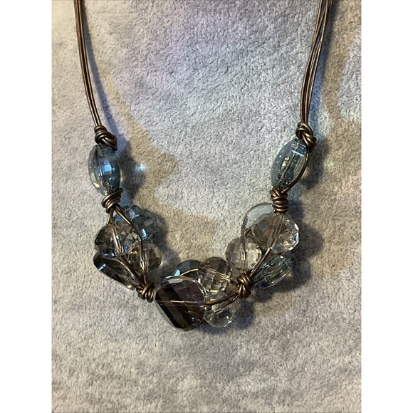 Cindy Ensor Designs Leather Hand Knotted Blue & Gray Crystal Cluster Necklace - Picture 2 of 6